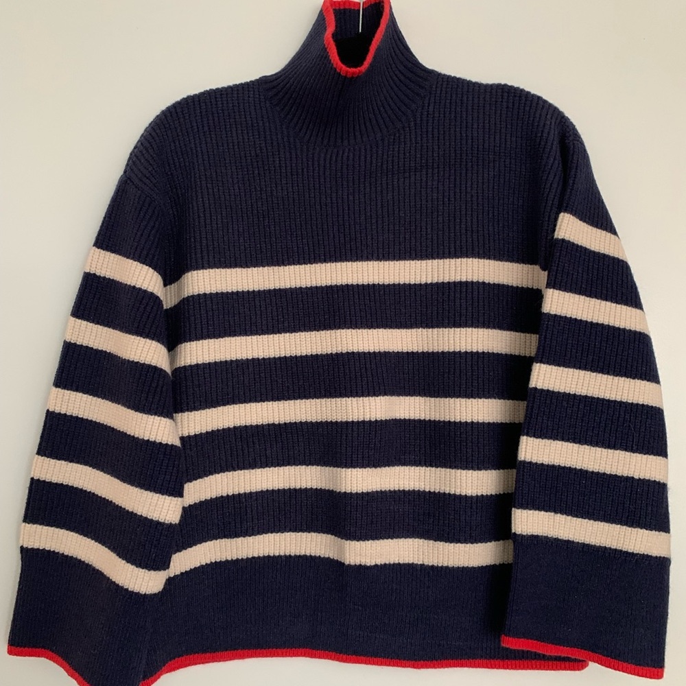 Beautiful Zara sweater S  Blue w/white stripes,red accent on sleeve bottom/neck.